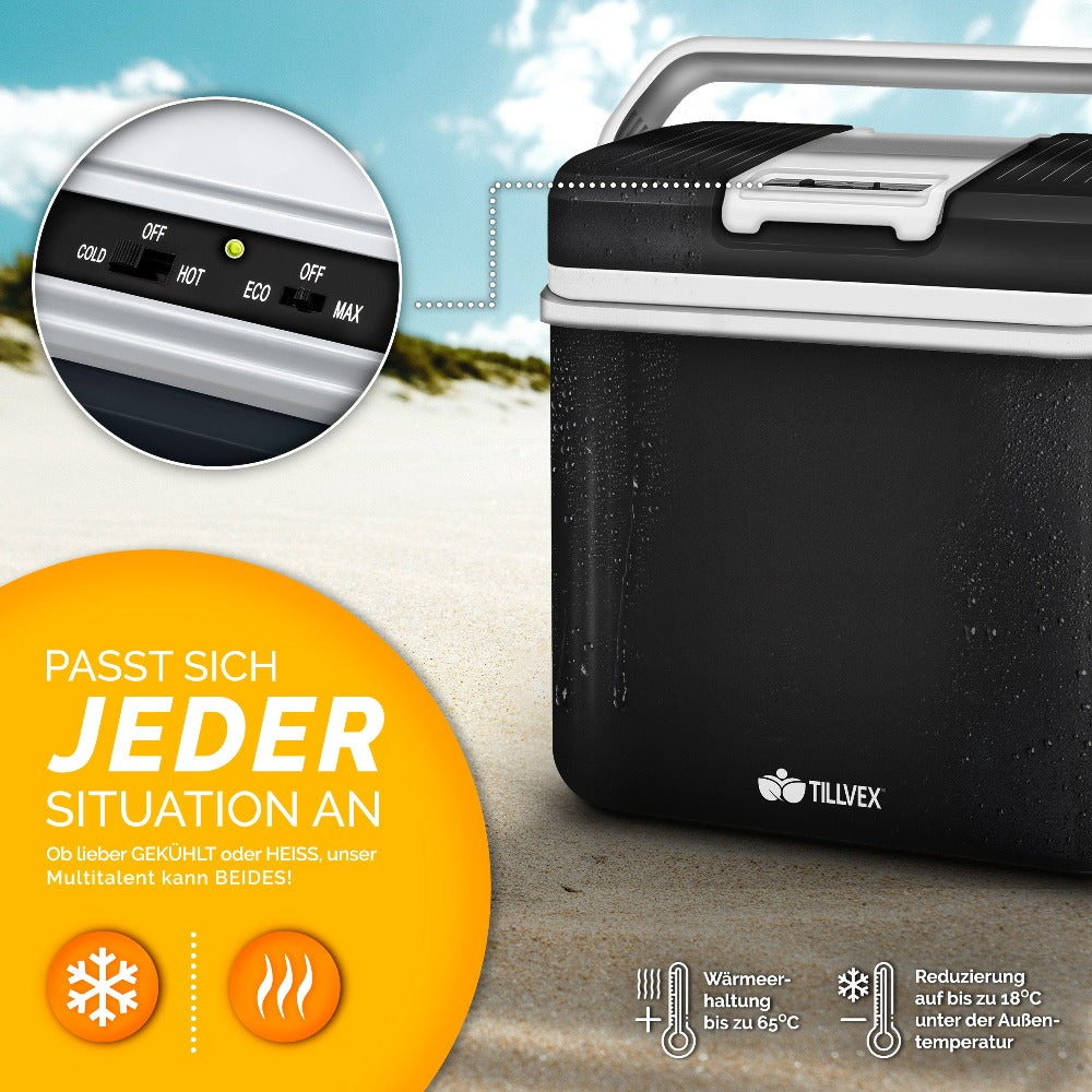 Tillvex® Caja Enfriadora Eléctrica 24L | Mini Nevera 230V & 12V para Coche, Auto, Camping | Caja Térmica Aislada para Enfriar y Calentar | Caja Calentadora con Asa de Transporte y Modo ECO TVKB24-01