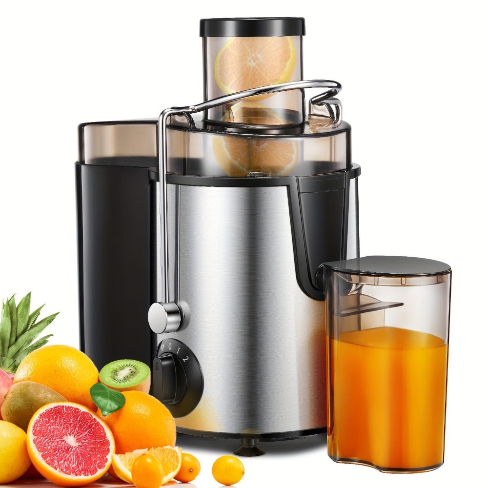 Licuadora de 400W con un gran conducto de alimentación para frutas y verduras enteras, fácil de limpiar, diseño centrífugo de acero inoxidable, base antideslizante, extremo plateado