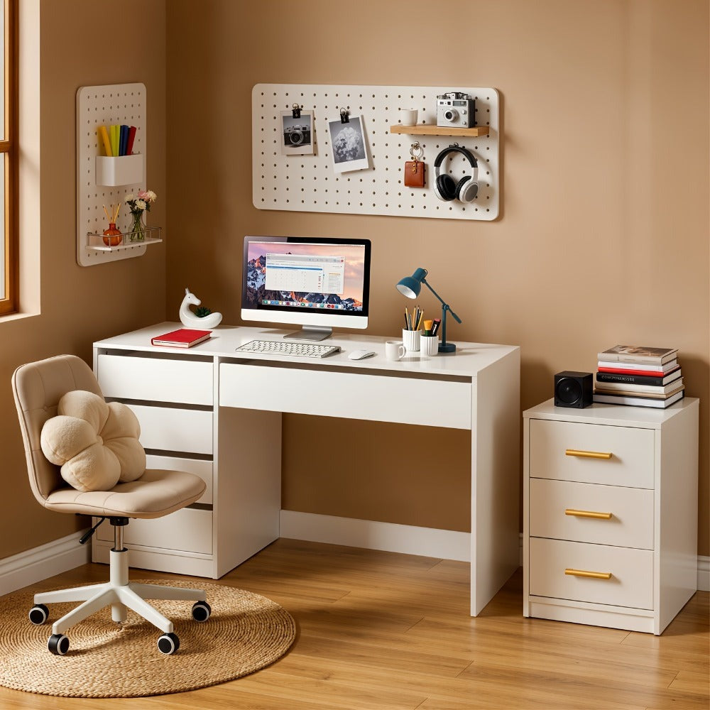 Tocador Sherry de 1 pieza, 120x55cm, tocador con 5 cajones sin espejo, escritorio para computadora con espacio de almacenamiento, mesa de oficina blanca