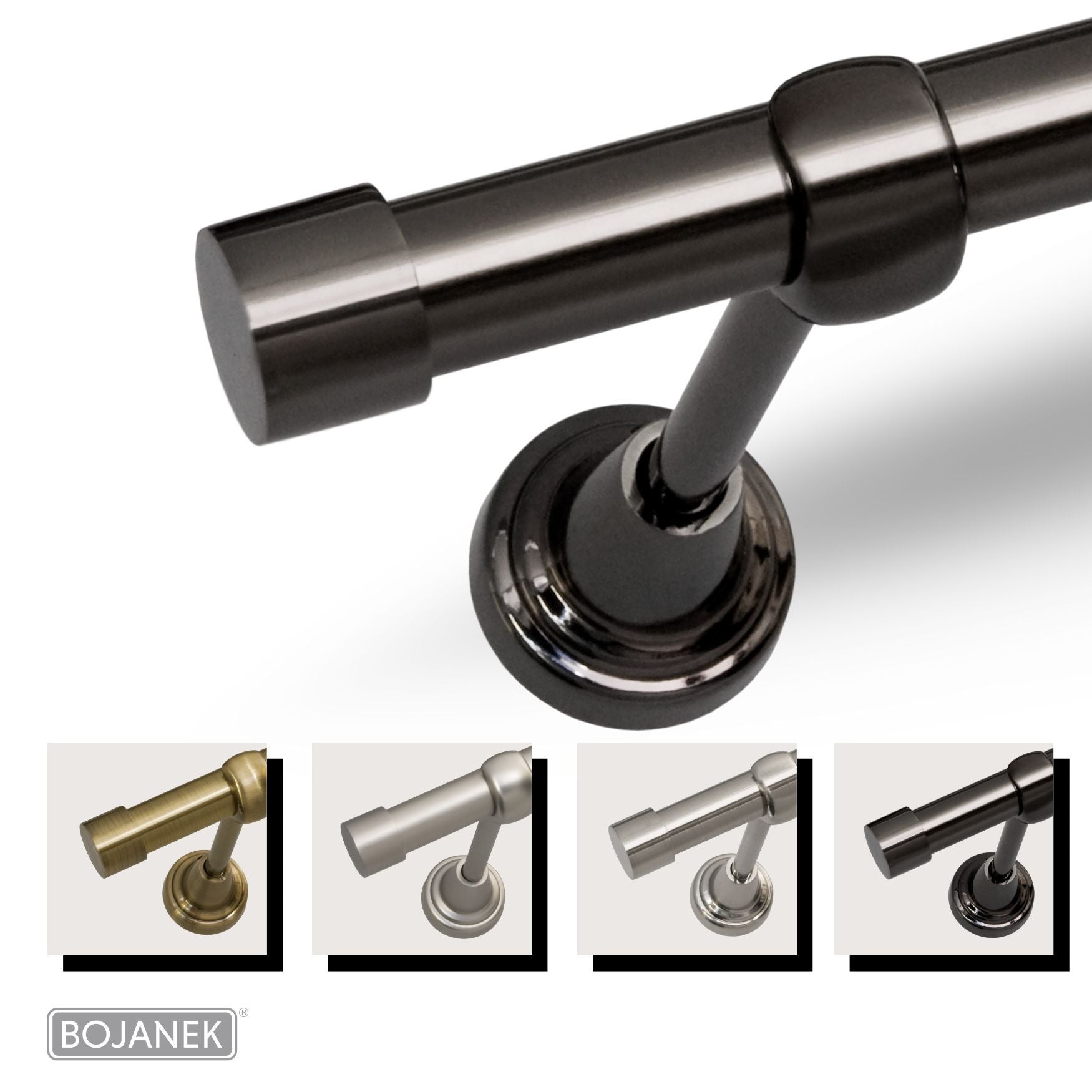 Barra de Cortina de Metal Montada en la Pared para Cortinas y Visillos – BOJANEK – 4 Colores, 8 Longitudes (120 - 600 cm) – Barra de Cortina Robusta, Ajustable y Duradera para Sala, Dormitorio, Cocina, Baño, Oficina; Barra de Cortina Perfecta para Interio