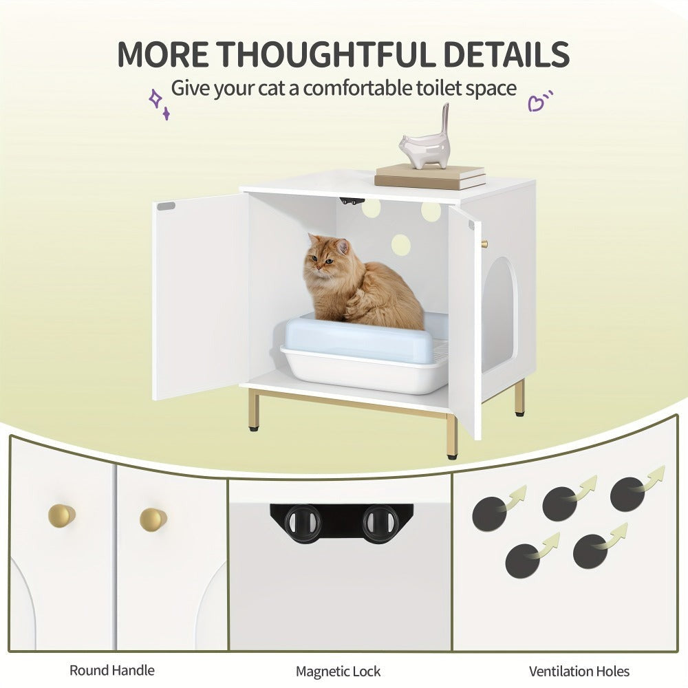 Gabinete para Gatos, Caja de Arena para Gatos, Casa para Gato con Puerta, Mesa Auxiliar de Madera para la Casa del Mascota, 50 X 60 X 61cm, Gabinete Estable para Gatos, Blanco y Dorado