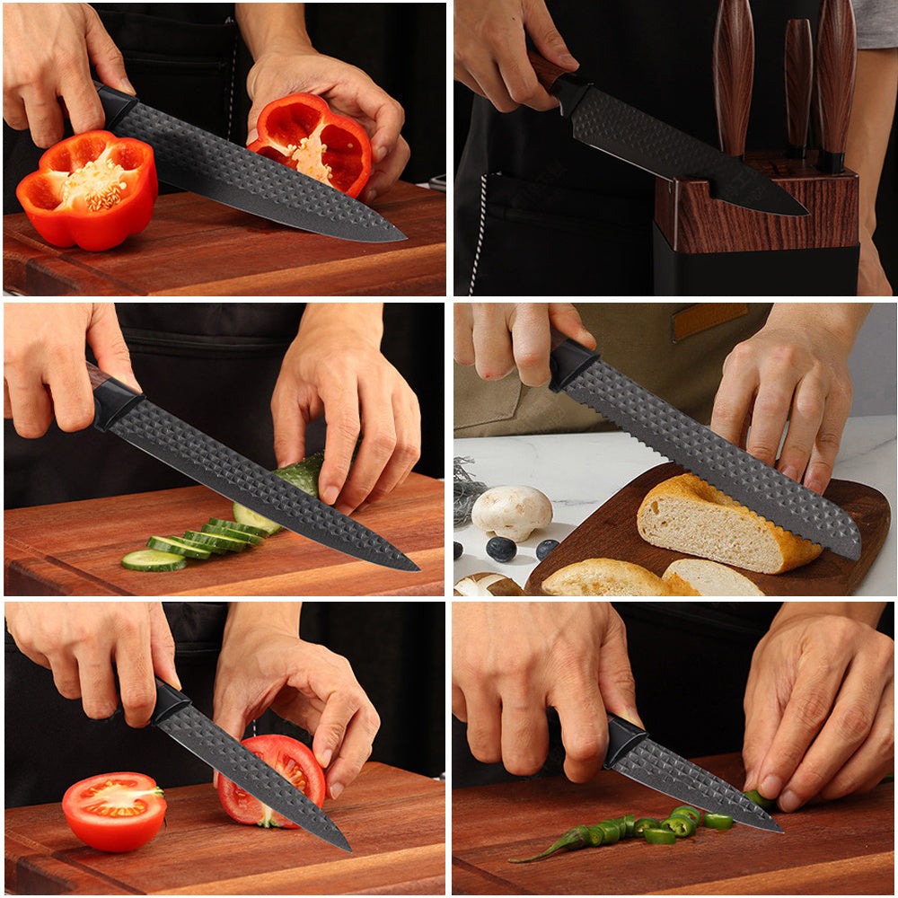 Juego de 7 cuchillos, cuchillos de cocina, hojas afiladas de acero inoxidable para corte preciso con mango ergonómico antideslizante, cuchillo de chef, cuchillo para pelar, cuchillo para rebanar, cuchillo para pan, cuchillo multiusos, tijeras, bloque de c