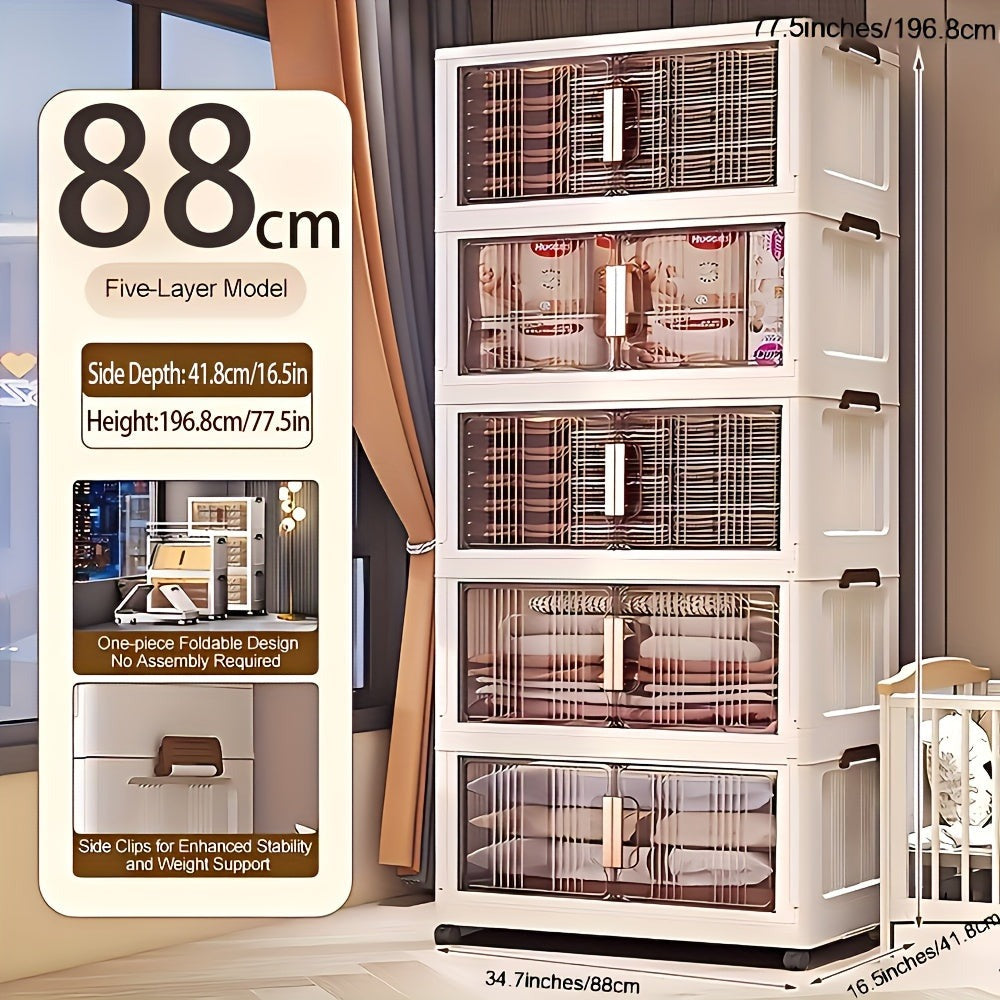 88Cm Arcenes de Almacenamiento Plegables Extra Grandes de 1/3/4/5 Niveles con Tapas, Contenedores de Plástico Apilables con Ruedas, Organizador Plegable para Armario, Dormitorio, Oficina, Cocina y Más - Casilleros de Almacenamiento Plegables y Decoración