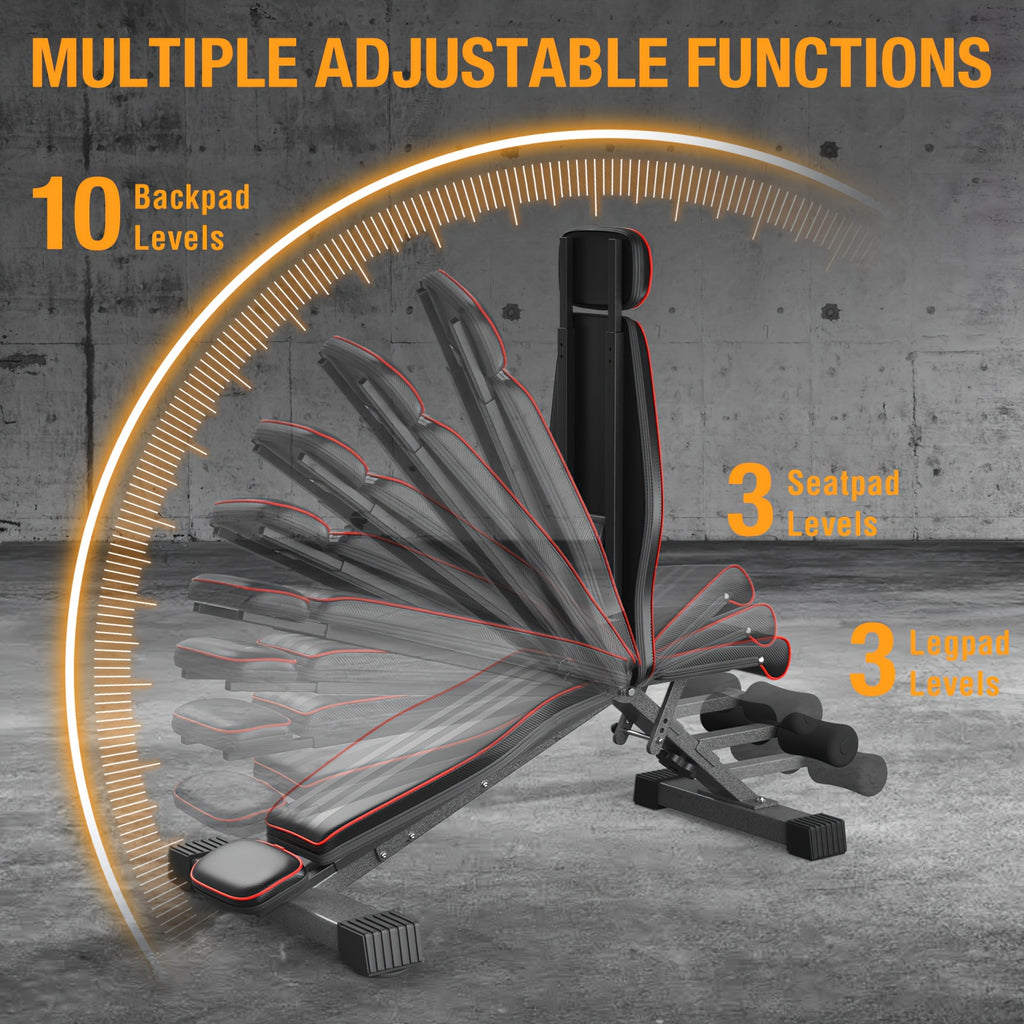Banco de Pesas Plegable y Ajustable de 299.37KG - Construcción de Hierro Comercial, Respaldo de 10 Posiciones y 3 Alturas de Asiento, Banco de Gimnasio para el Hogar que Ahorra Espacio con Acolchado Grueso para Entrenamiento de Fuerza y Cardio