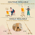 Caballete plegable para artista Vinsetto sobre ruedas, hecho de madera de haya, para lienzos de hasta 118 cm, altura ajustable, inclinación ajustable hasta 90° máximo, con soporte para pinceles de madera natural