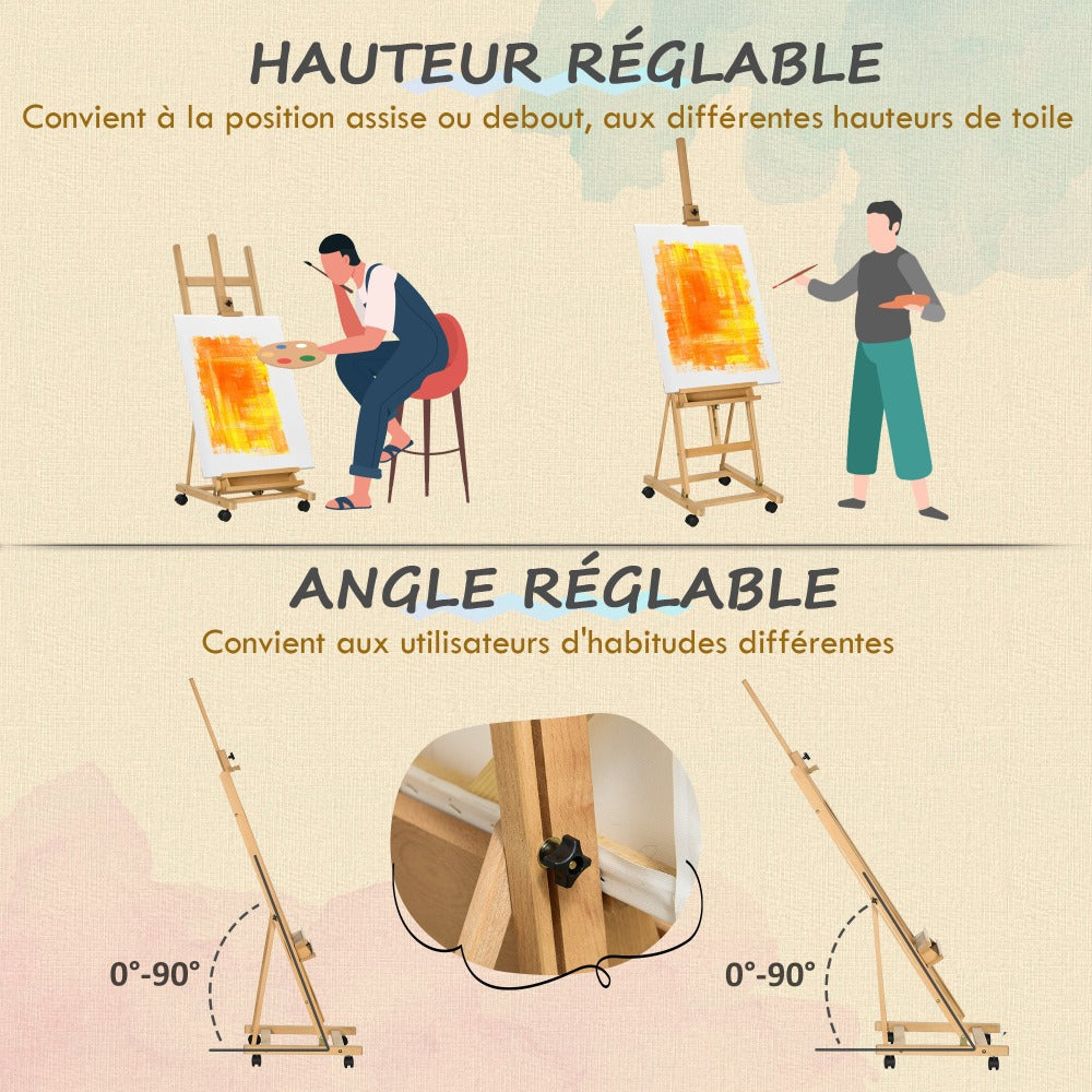 Caballete plegable para artista Vinsetto sobre ruedas, hecho de madera de haya, para lienzos de hasta 118 cm, altura ajustable, inclinación ajustable hasta 90° máximo, con soporte para pinceles de madera natural