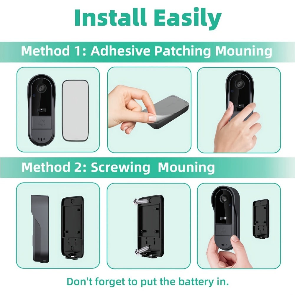 Cámara de Video Timbre Inalámbrica Wi-Fi, Cámara de Video Timbre Interior/Exterior, Detección Humana por IA y Alertas Instantáneas, Visión Nocturna HD 1080P, Audio Bidireccional, Monitor Interior en Tiempo Real, Alimentación USB, Batería de Larga Duración