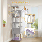 Árbol para gatos, Árbol para gatos XXL de 200 cm con 10 postes para rascar, 2 cuevas, 2 hamacas, plataforma grande, cepillo para gatos, cesta, árbol para gatos resistente para Maine Coon y gatos más grandes, gris claro/gris oscuro/beige