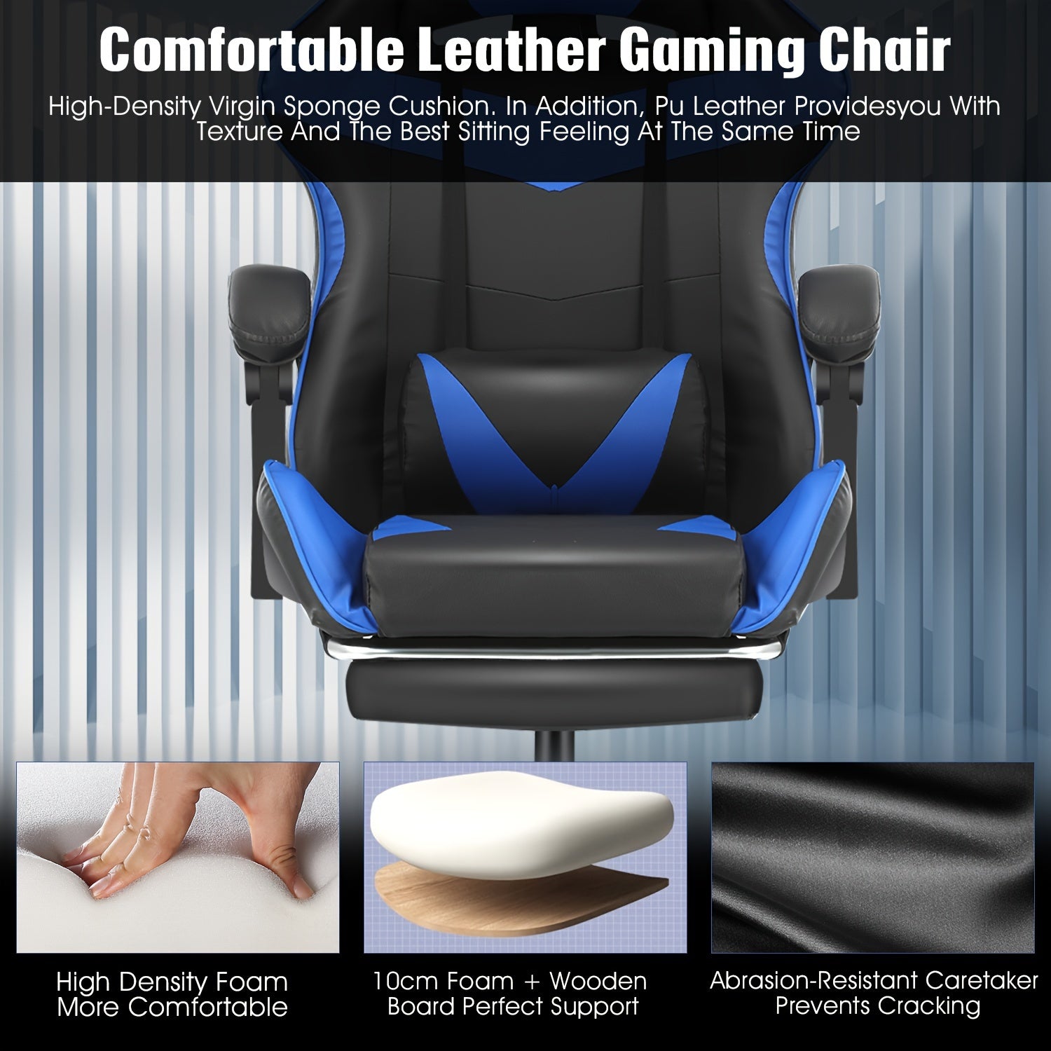 Silla de oficina ergonómica diseñada para gaming, con reposapiés, respaldo alto, giro ajustable y soporte lumbar, hecha de cuero PU en estilo racing para entusiastas de los E-Sports