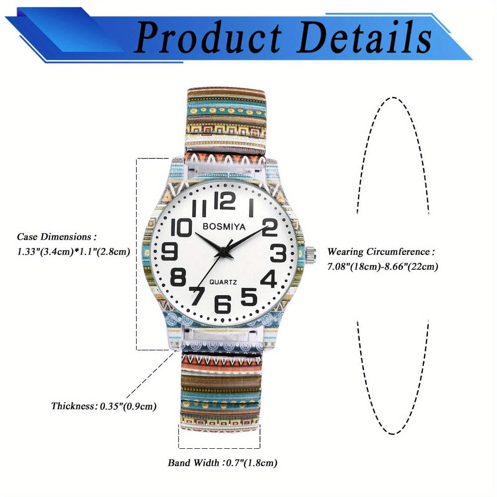 Reloj de Mujer Jewelrywe con Brazalete Elástico de Metal, Estilo Étnico Boho Vintage Analógico de Cuarzo, Reloj Casual de Mujer con Brazalete Elástico de Aleación y Esfera con Números Árabes Grandes
