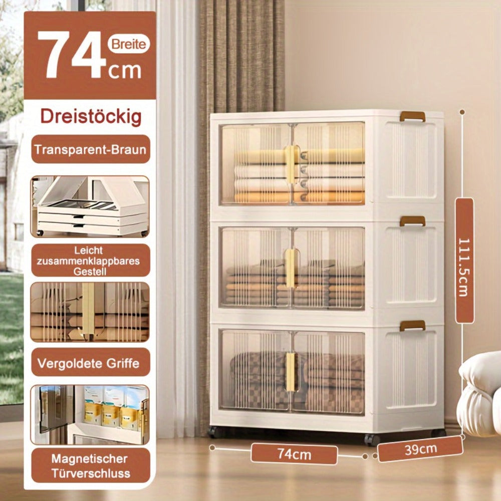 Armario de Almacenamiento Plegable con Ruedas y Puertas - Extra Gran Capacidad, Diseño Transparente para Dormitorio, Organización de Armario para Ropa, Documentos, Juguetes - Organizador de Plástico