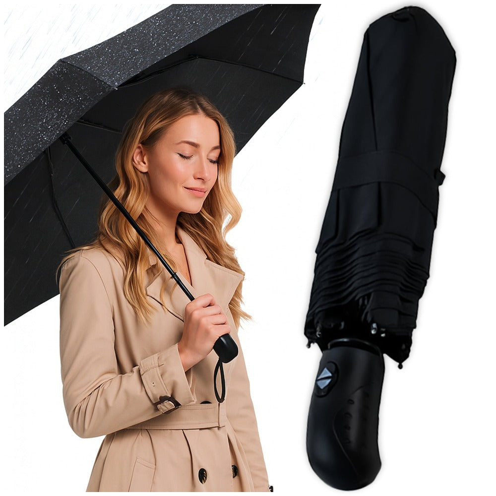 Paraguas XXL Plegable Automático Resistente al Viento Negro. Paraguas Abre y Cierra con un Botón. Estructura Sólida de Acero de 8 Varillas con Fibra de Carbono. Diámetro 96 Cm XXL. Material de Secado Rápido con Recubrimiento UV. Longitud Compacta 26 Cm -