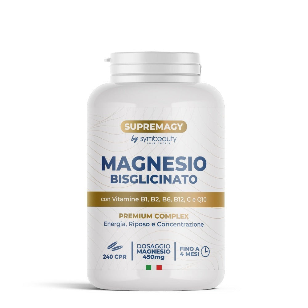 SUPREME MAGNESIO BISGLICINATO 450Mg (Hasta 4 Meses) 240 Pastillas - Complejo Premium | Vitamina B12, B1, B2, B6, C y Coenzima Q10 | Suplemento - Vegano y Hecho en Italia