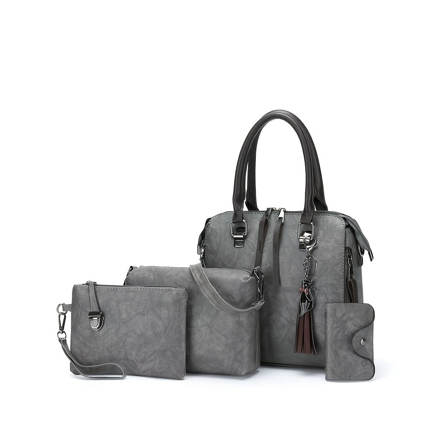Conjunto de 4 piezas de bolsos para mujer, moderno y versátil, incluye bolso tote retro, bolso cruzado de hombro, bolso de mano, billetera, bolso tote grande de PU con cera de aceite, borlas, ideal para el día a día, viajes y como regalo