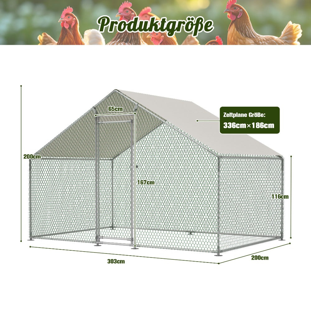 Gallinero 3x2m, Jaula Exterior para Gallinas de Rango Libre, Recinto con Cerradura de Seguridad, Malla Recubierta y Techo de PE, Adecuado para Gallinas, Patos, Conejos y Otros Animales Pequeños