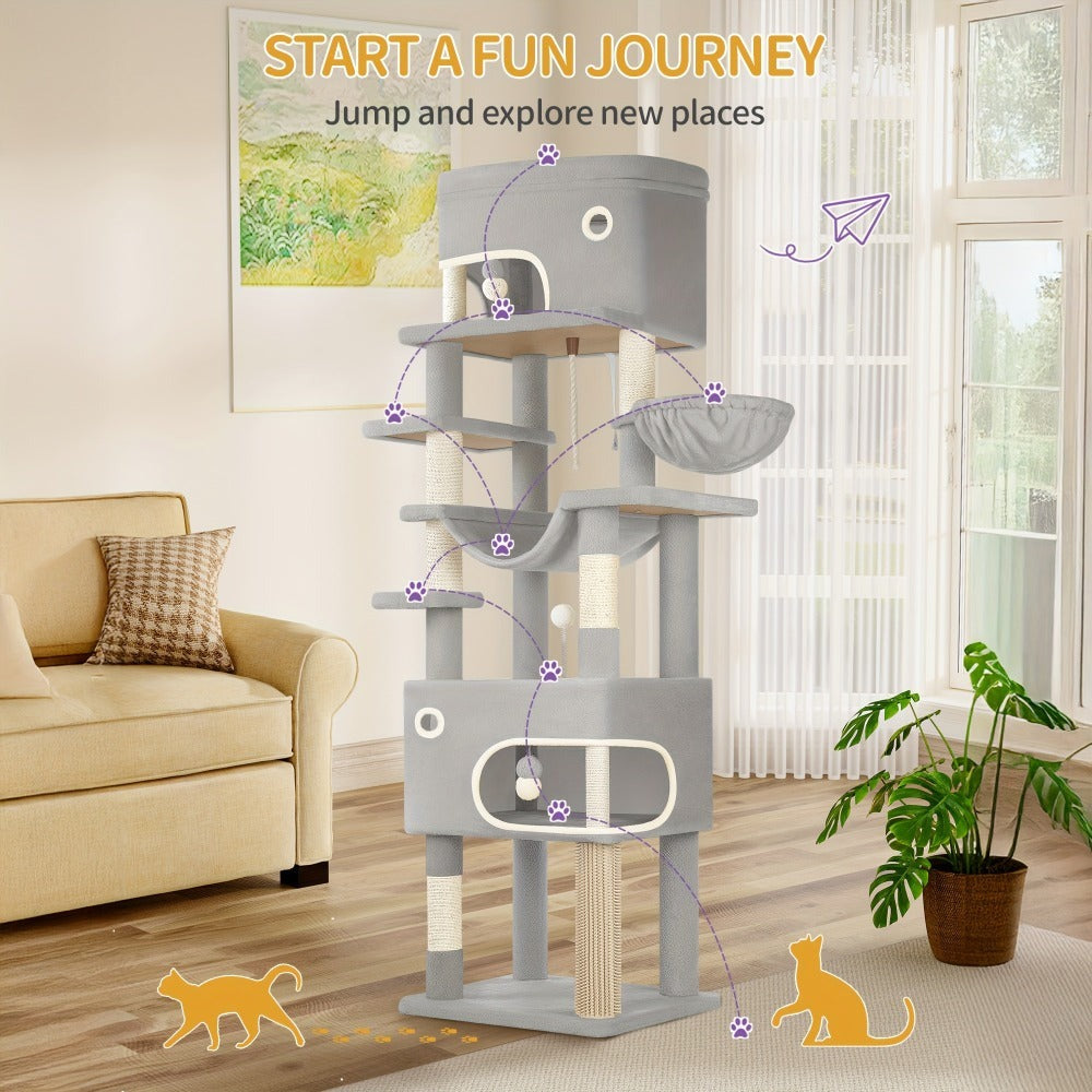 Árbol para Gatos, 203 cm con Plataforma Grande, Cueva Doble, 7 Postes Rascadores Pomponas Reposadería Hamaca Adecuado Para Todo TipodeGato Gris Claro/grisescuro Beige