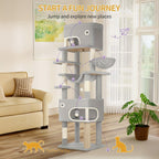Árbol para Gatos, 203 cm con Plataforma Grande, Cueva Doble, 7 Postes Rascadores Pomponas Reposadería Hamaca Adecuado Para Todo TipodeGato Gris Claro/grisescuro Beige