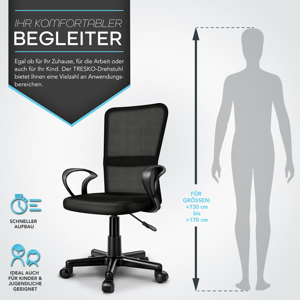 Silla de Oficina TRESKO® con Reposabrazos, Altura Ajustable Continua | Silla Giratoria de Malla Transpirable | Silla de Escritorio con Ruedas de Plástico Ligeras, Superficie Acolchada, Ajuste Ergonómico | Silla de Ordenador Ideal para Oficina en Casa, Hab