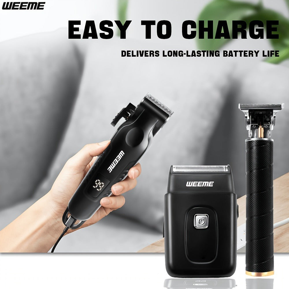 Kit de aseo eléctrico WEEME para hombre, , 3 piezas - Cortapelos + Recortador de barba + Máquina de afeitar eléctrica, carga USB, pantalla LCD de nivel de batería, ideal para peinado/afeitado/esculpir, uso en casa y viajes familiares en coche, regalo del