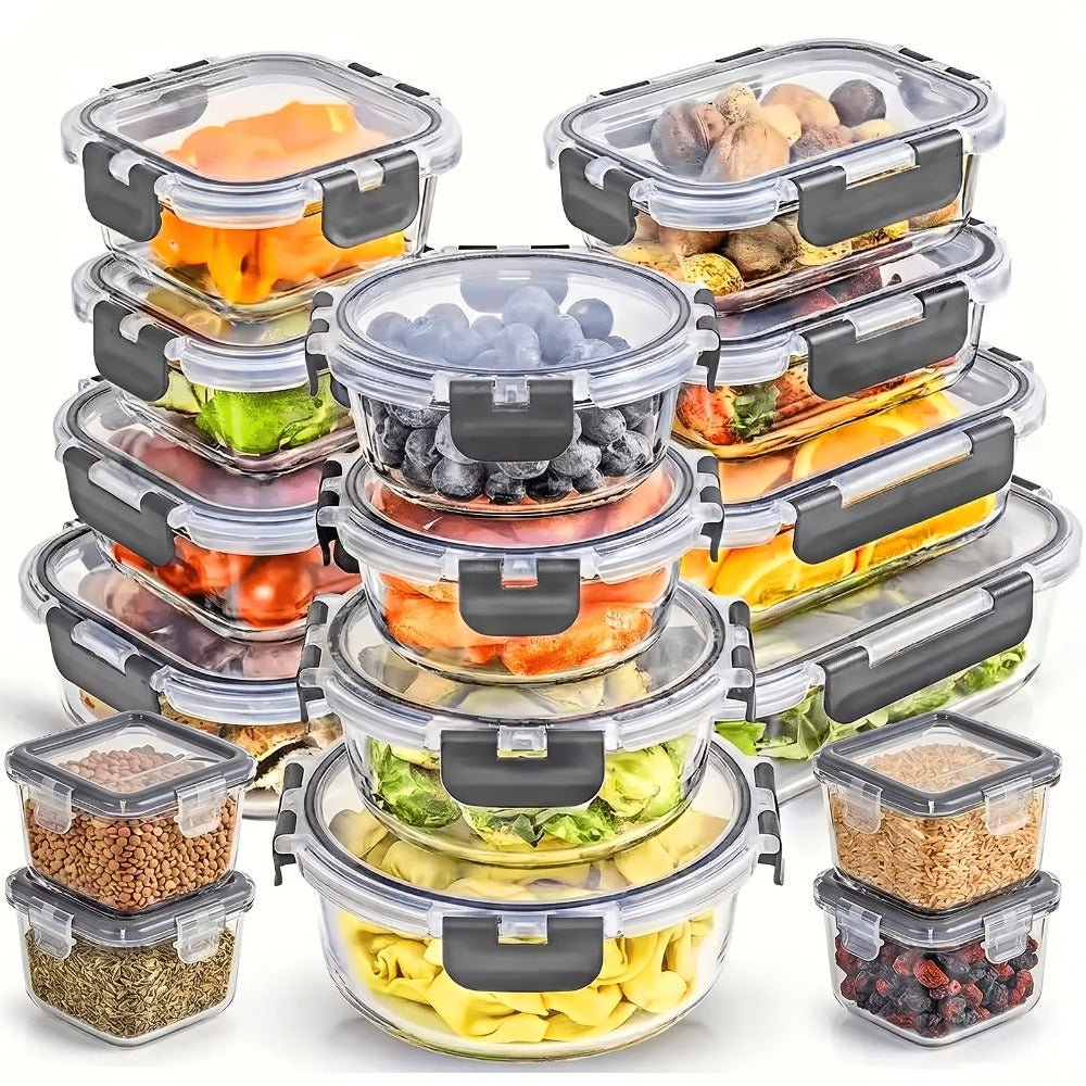Juego de 12 recipientes de vidrio con tapas - Contenedores para almacenar alimentos, cajas para preparar comidas, aptos para microondas, loncheras, tazones para conservar alimentos en el refrigerador, 12 recipientes y 12 tapas