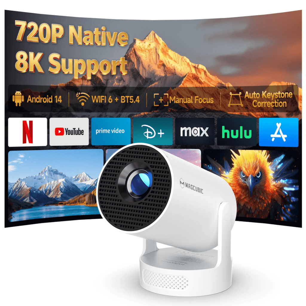 Proyector Magcubic HY300Pro+, nativo 720P con soporte para 8K, relación de proyección 0.9:1, incluye un control remoto, 280 ANSI, ideal para salas de cine en casa, perfecto para proyectar películas en paredes