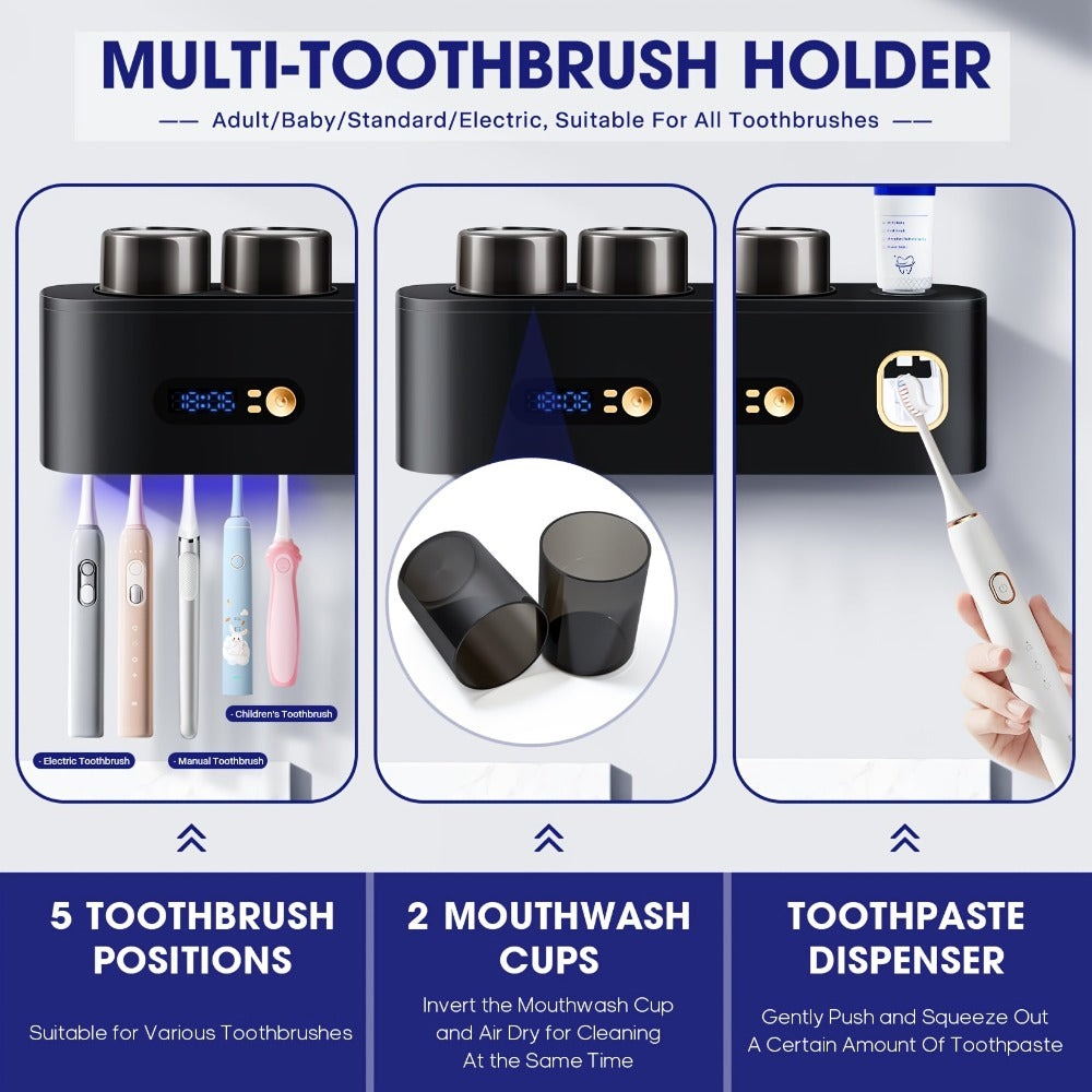 Portacepillos de dientes inteligente de pared automático y dispensador de pasta de dientes con UVC, una operación, panel de visualización, apto para baño, sistema de secado higiénico, ahorra espacio para baños pequeños, exprimidor automático de pasta de d