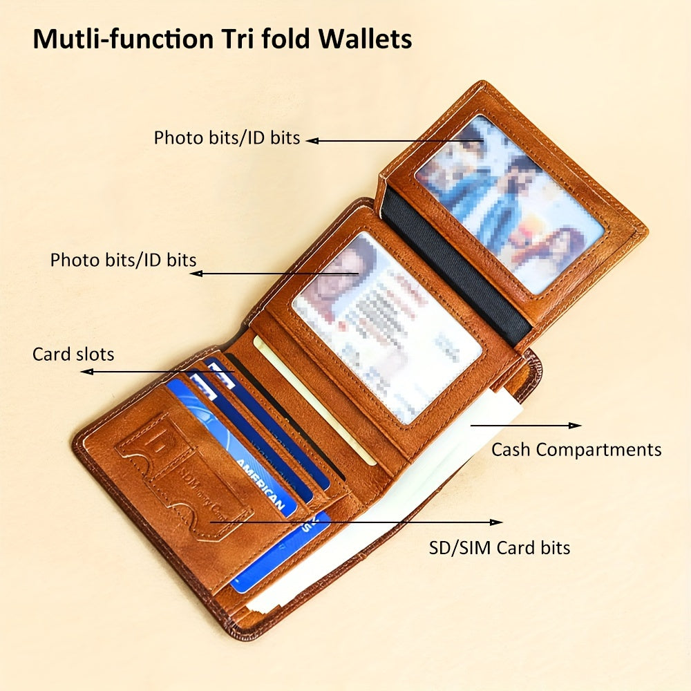 Cartera de Cuero Genuino para Hombre con Juego de Tarjetas de Bendición, Bloqueo RFID, Ultra Delgada, Piel de Vaca de Primera Calidad, Porta Tarjetas de Identificación y Crédito Multifuncional Compacto, Regalo para Navidad, Día de San Valentín y Día del P