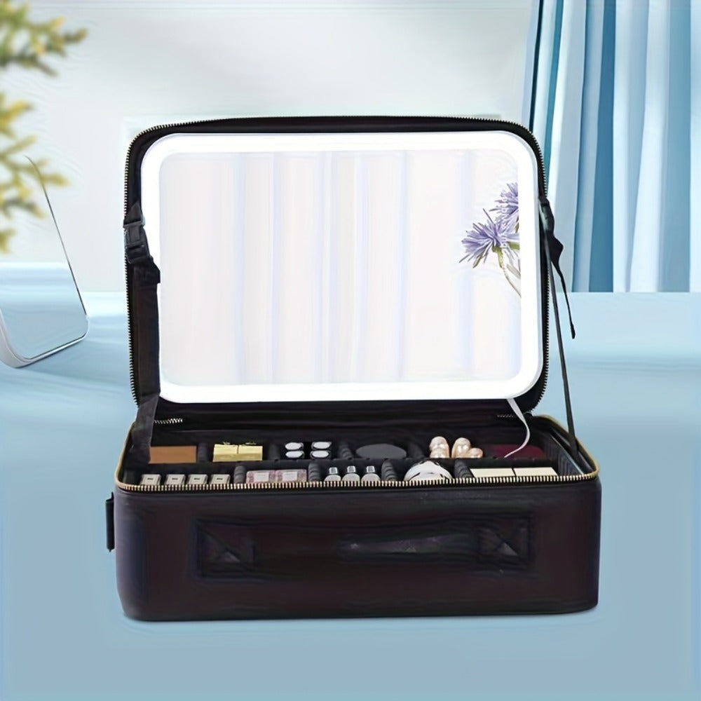 Esta extra grande bolsa de maquillaje viene en rosa y negro, con espejo y ofreciendo amplio espacio para cosméticos. Su diseño elegante la hace ideal tanto para maquilladores profesionales como para uso personal.
