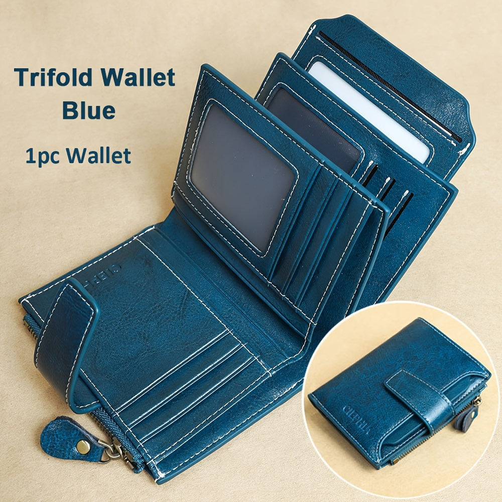 Monedero Ciephia de Cuero Genuino con Bloqueo RFID - Rojo Compacto con Detalles Dorados, 14 Ranuras para Tarjetas, Ventana Extraíble para DNI y Bolsillo con Cremallera para Monedas, Regalo Casual para San Valentín o el Día de la Madre, Apto para Hombres y