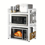 Estante para Microondas de 3 Niveles Extensible con 6 Ganchos, Estante de Cocina, Organizador de Especias, Organizador de Gabinete para Cocinas, , Extensible de 40 a 64 cm