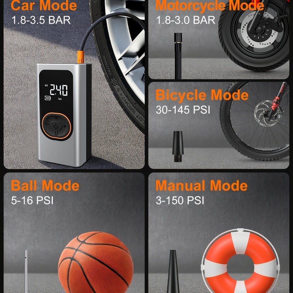 Inflador de neumáticos portátil inalámbrico de 150 PSI con medidor digital y luz LED, compresor de aire recargable USB-C - Infla rápidamente coches, bicicletas, motocicletas, balones, etc., herramienta portátil para inflar neumáticos, equipo de viaje para