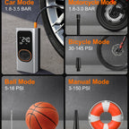 Inflador de neumáticos portátil inalámbrico de 150 PSI con medidor digital y luz LED, compresor de aire recargable USB-C - Infla rápidamente coches, bicicletas, motocicletas, balones, etc., herramienta portátil para inflar neumáticos, equipo de viaje para