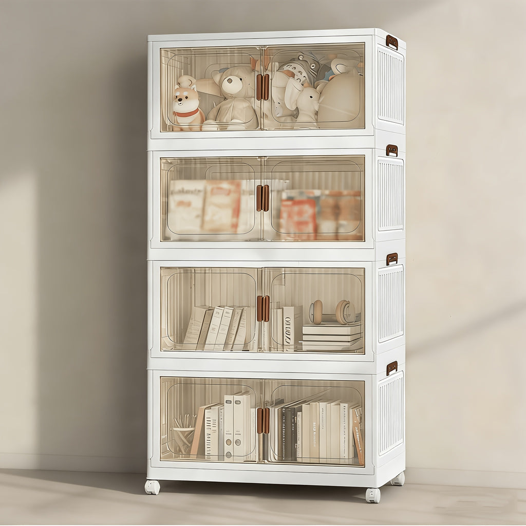 Armario de almacenamiento plegable de plástico resistente extra grande de 50 cm con puertas - Organizador plegable con movilidad de 4 ruedas, diseño de 2/3/4/5 capas, armario de suelo que ahorra espacio con puertas delanteras y superiores transparentes pa