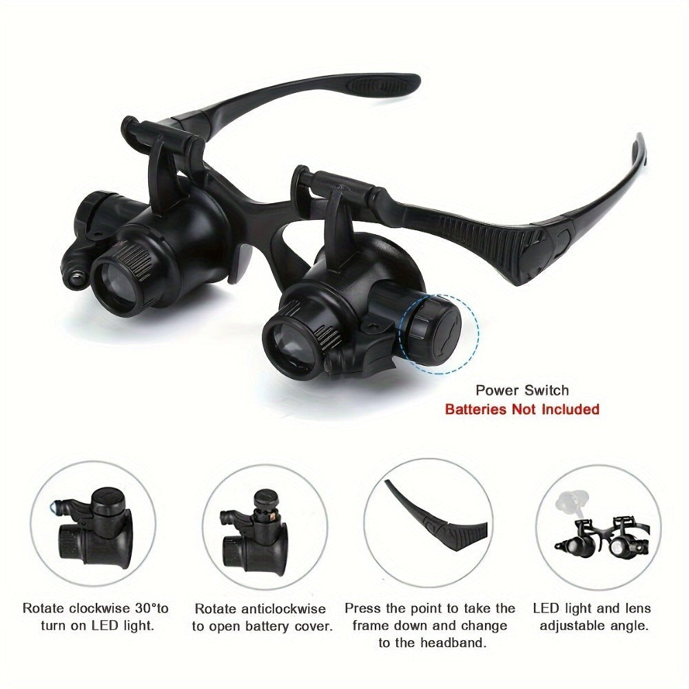 Lupa de cabeza + Mini lupa plegable (2 piezas) con luz LED, lentes reemplazables 10X 15X 20X 25X, distancia de trabajo 1 cm/0.3 in-5 cm/1.9 in, apta solo para trabajos finos de corta distancia, reparación de relojes, tallado a mano, tasación de joyas y mo