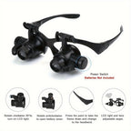 Lupa de cabeza + Mini lupa plegable (2 piezas) con luz LED, lentes reemplazables 10X 15X 20X 25X, distancia de trabajo 1 cm/0.3 in-5 cm/1.9 in, apta solo para trabajos finos de corta distancia, reparación de relojes, tallado a mano, tasación de joyas y mo