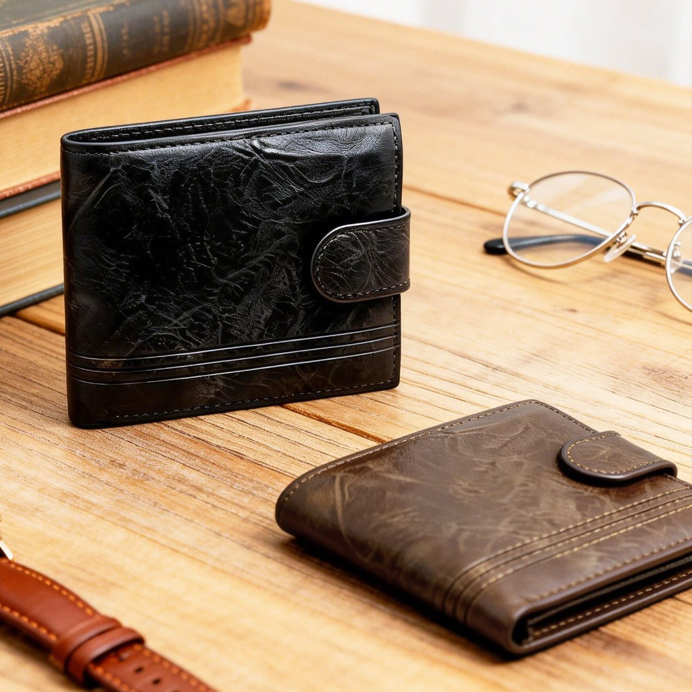 Cartera corta de cuero desgastado retro elegante para hombre – Monedero con cierre a presión y ventana para identificación para desplazamientos diarios, reuniones de negocios y salidas informales