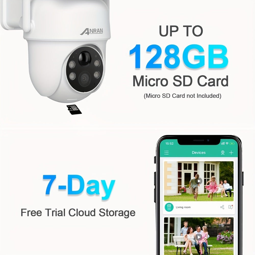 2 cámaras de seguridad solar ANRAN inalámbricas para exteriores, cámara WiFi 2.4G para seguridad del hogar con panel solar fijo, PTZ 360° para vigilancia doméstica, detección de humanos PIR, visión nocturna en color, comunicación bidireccional, color blan