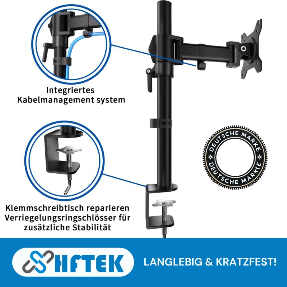 Soporte para Monitor HFTEK - Brazo de Monitor con Resorte de Gas Ajustable para Pantallas de 13 a 34 Pulgadas, Soporta hasta 17.6 lbs, con Base de Abrazadera C y Ojal, Montaje VESA 75x75mm y 100x100mm