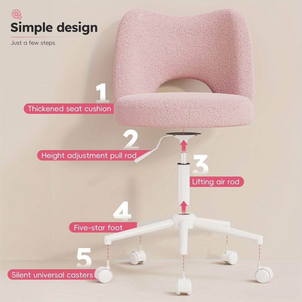Klyvvo Silla de Escritorio con Ruedas, Silla de Maquillaje con Tejido Teddy Transpirable, Altura Ajustable, Ideal para Oficina, Hogar, Regalo Familiar, Soporta Hasta 150 Kg, Disponible en Rosa, Blanco y Gris