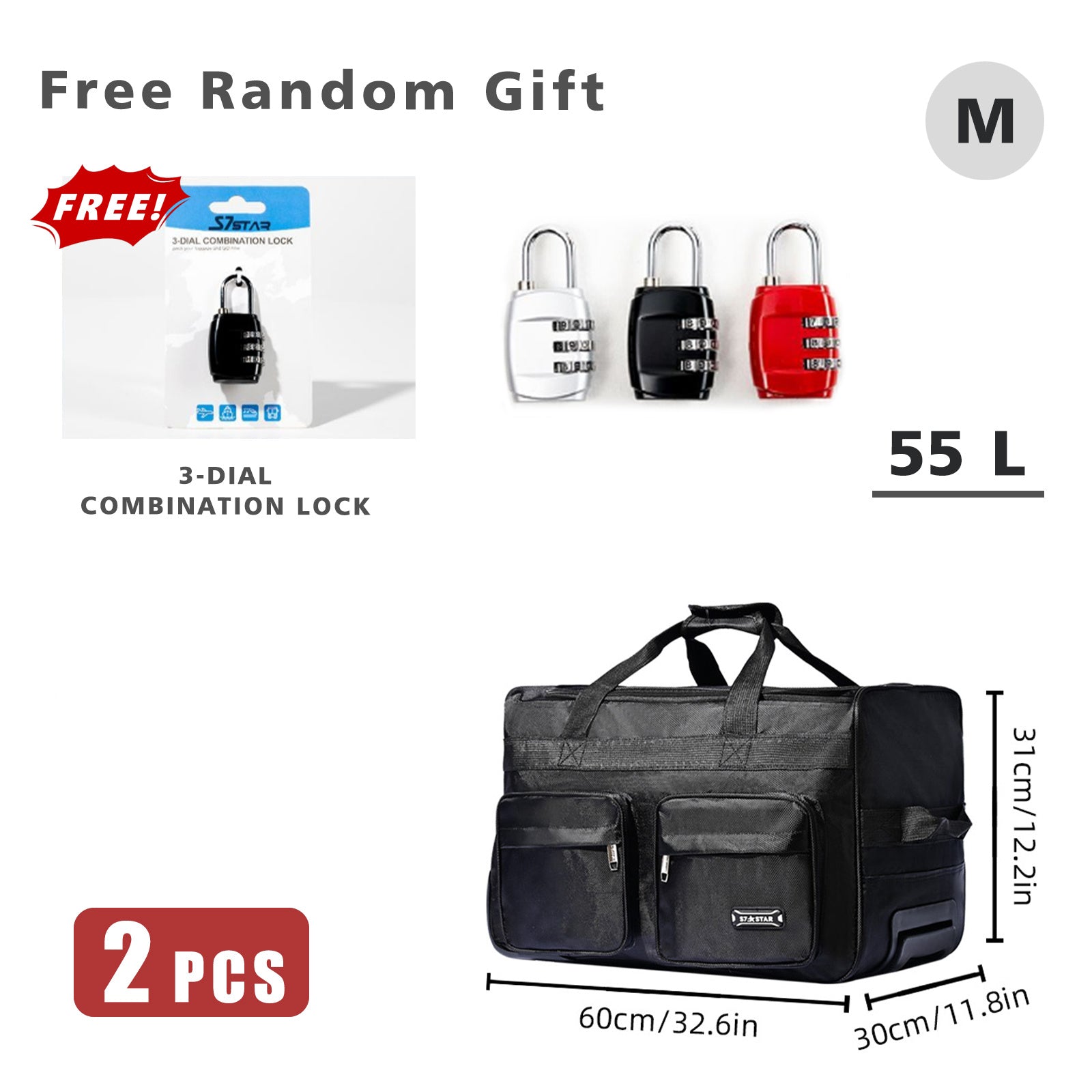 [Varios tamaños] Bolsa de lona con ruedas y candado de seguridad aleatorio GRATIS | 2 artículos en total: 1 bolsa (elija entre 35L, 55L, 70L, 105L) + 1 candado | Opción de equipaje de mano | para senderismo, playa, viajes