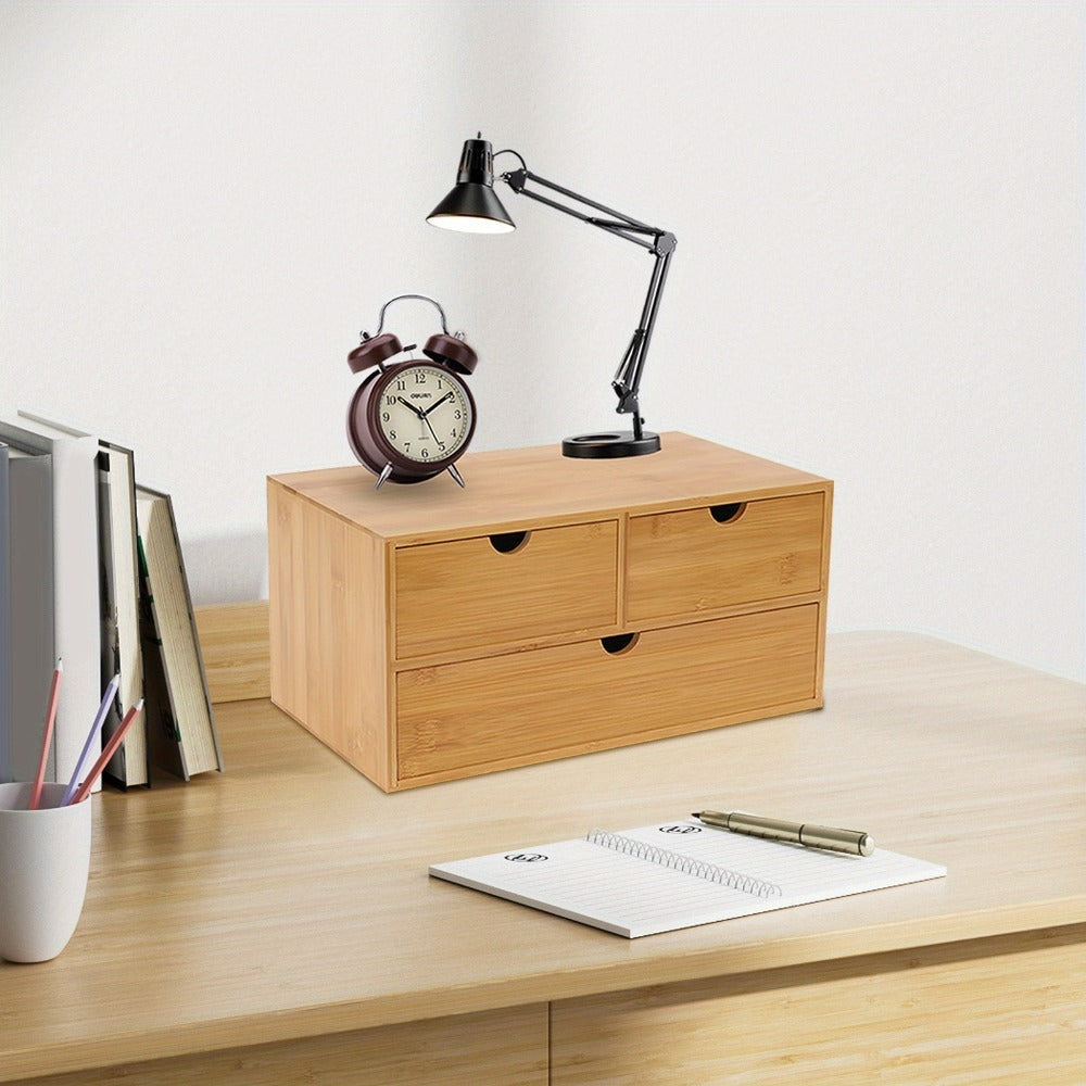 Organizador de escritorio de bambú, caja de organización de almacenamiento de mesa, almacenamiento de escritorio para clasificar y almacenar sellos, notas adhesivas, tijeras, facturas, bolígrafos, lápices, etc. (2 cajones superiores, 1 cajón inferior)