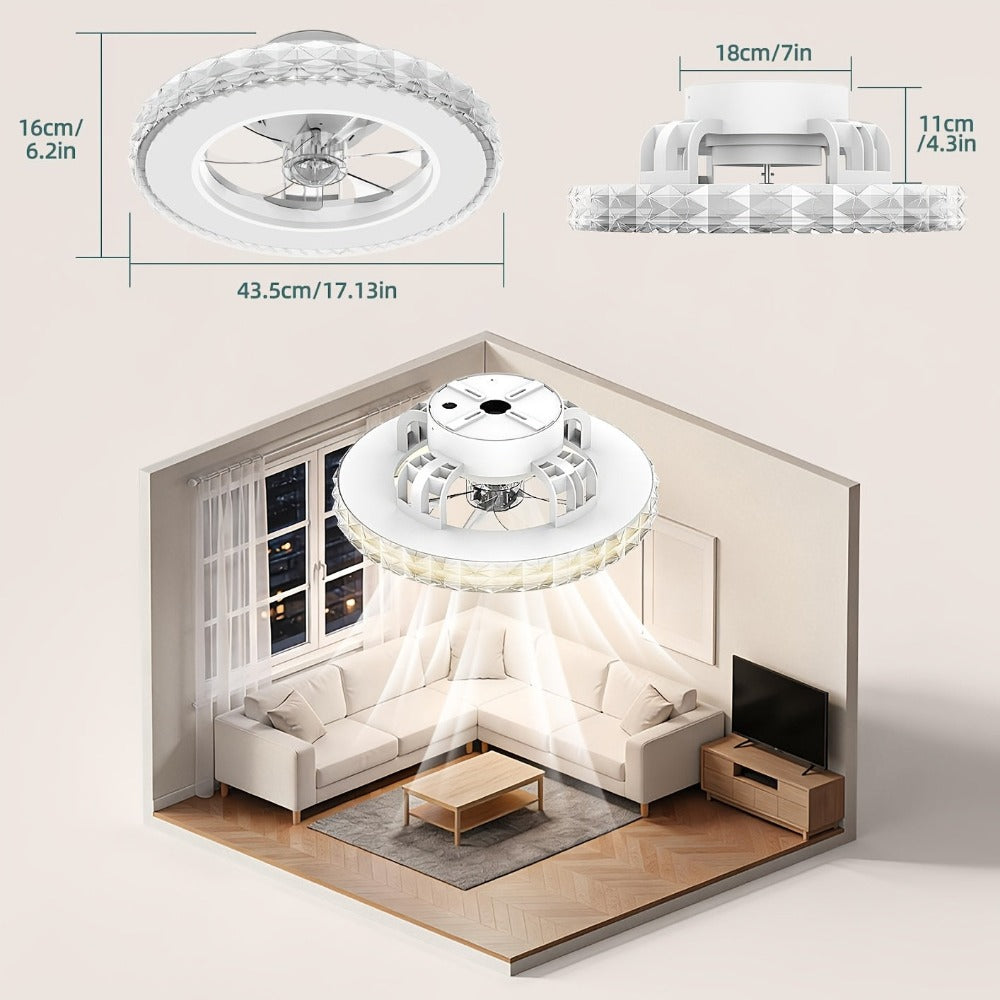 ATEROLL Ventilador de Techo de 43cm con Luz, Luz RGB+3CCT Ajustable, Ventilador de Techo de Estilo Moderno de Cristal, 7 Colores y 6 Modos de Luz Perseguidora, Función de Temporización de 2H, 4H, Motor DC Embutido, Opción Ideal para Dormitorio/Sala de Est
