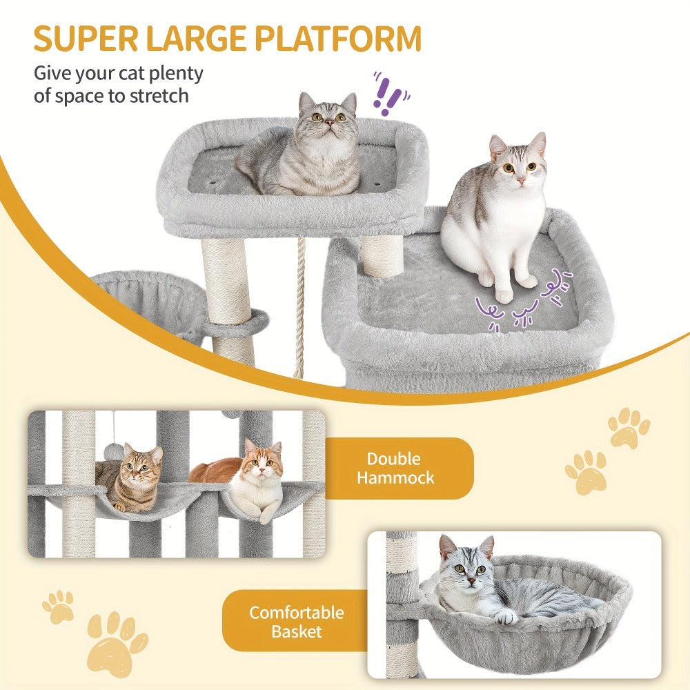Árbol para gatos, Árbol para gatos XXL de 200 cm con 10 postes para rascar, 2 cuevas, 2 hamacas, plataforma grande, cepillo para gatos, cesta, árbol para gatos resistente para Maine Coon y gatos más grandes, gris claro/gris oscuro/beige