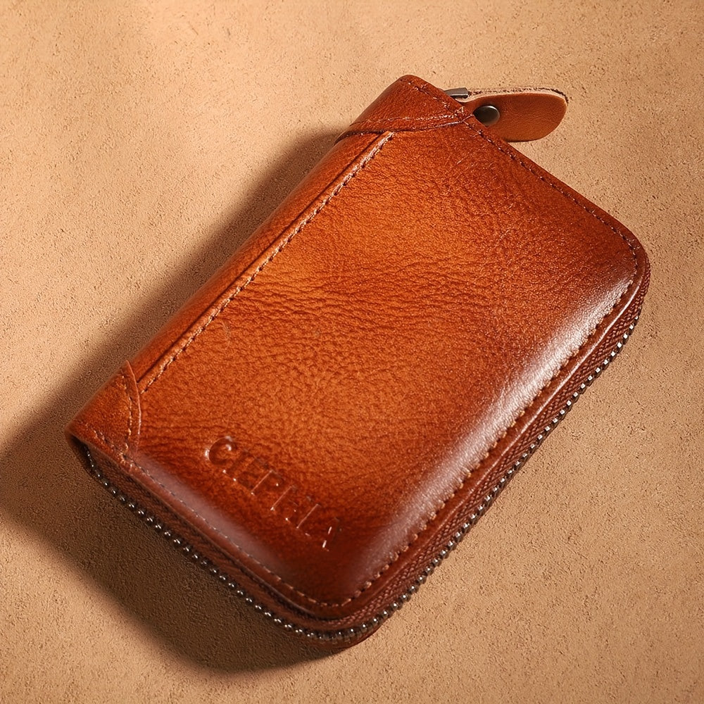 Cartera de Cuero Genuino para Hombre con Juego de Tarjetas de Bendición, Bloqueo RFID, Ultra Delgada, Piel de Vaca de Primera Calidad, Porta Tarjetas de Identificación y Crédito Multifuncional Compacto, Regalo para Navidad, Día de San Valentín y Día del P