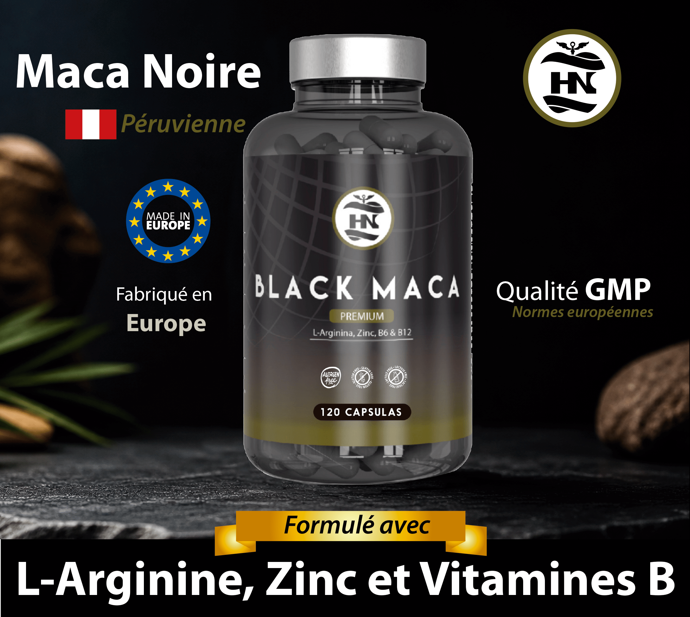 HN - Healthy Nutrition Maca Negra Andina con L-Arginina y Zinc – Suplemento con Vitaminas B6 y B12 – 120 Cápsulas Vegetales
