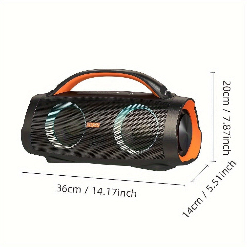 Altavoz de exterior DOSS 100W Bluetooth 5.3 con sonido estéreo, graves potentes, 20 horas de reproducción, banco de energía de 10400mAh, luz de fiesta de colores mixtos, IPX6, altavoz portátil para camping
