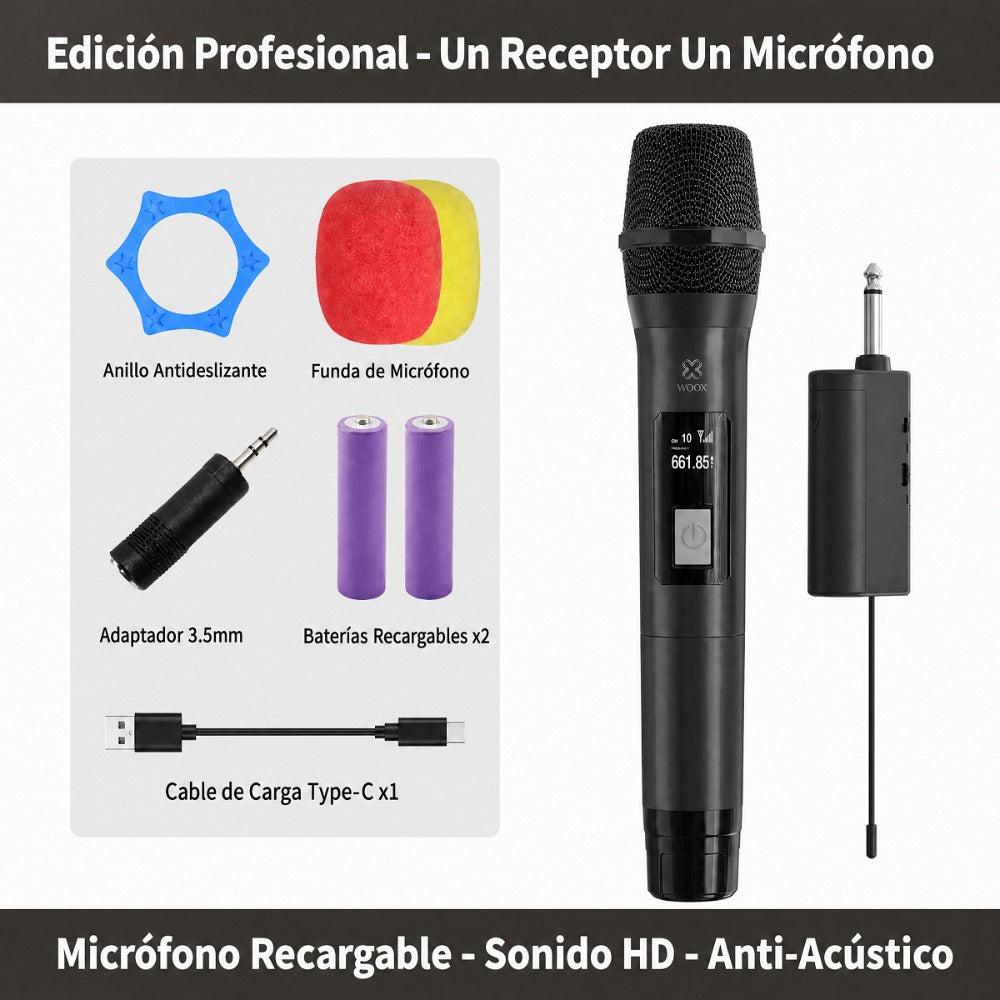 Micrófono Inalámbrico Profesional para Karaoke, Micrófono de Mano Dinámico VHF con Receptor Recargable, Distancia de 15m para Fiestas en Casa, Espectáculos y Cumpleaños, Alta Sensibilidad