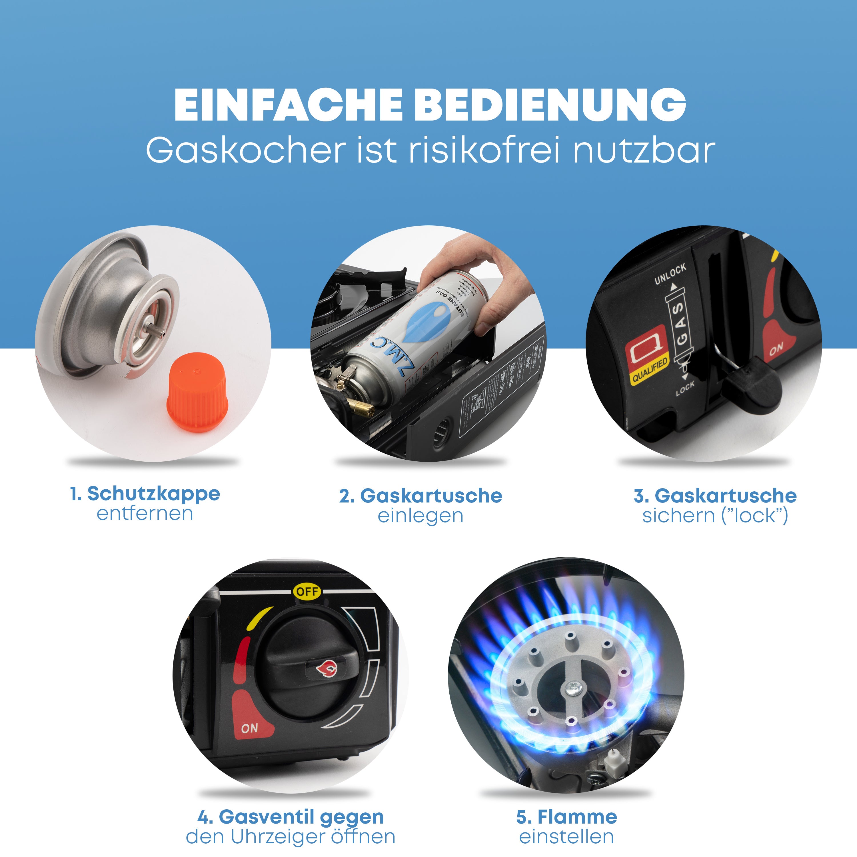 ZMC Estufa de Camping de 1 Quemador 2.2 kW con Encendido Piezoeléctrico, Adaptador para GLP y Estuche de Transporte – Estufa Portátil de Acero Inoxidable para Camping, Exteriores, Jardín, Balcón y Cocina de Emergencia en Interiores | Diseño Robusto, Contr