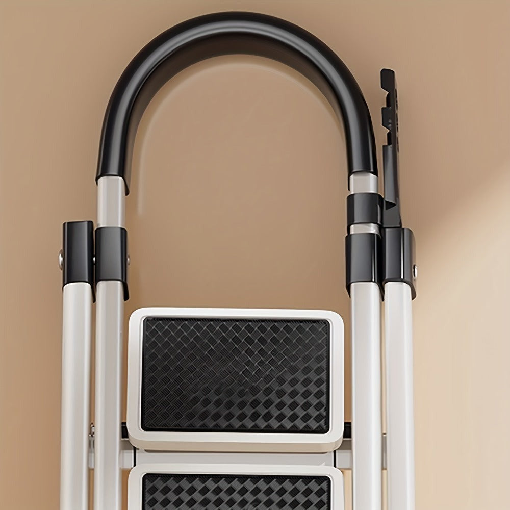 Escalera plegable de acero inoxidable, escalera portátil multifuncional, equipada con pedales anchos antideslizantes, ligera, duradera y compacta, fácil de transportar. Adecuada para el hogar, la oficina, el dormitorio, la cocina y el jardín, etc. Escenar