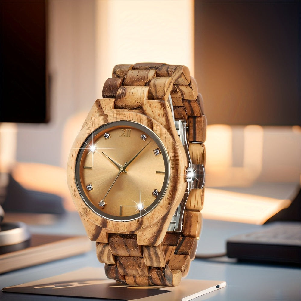 Relojes de pulsera de madera de lujo para mujer, estilo casual, con esfera simulada de diamantes de imitación, perfectos como regalo de aniversario